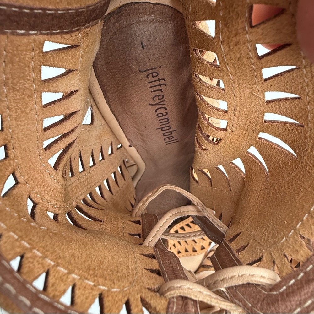 Jeffrey Campbell Tan Radillo-Hi Laser Cut Lace-Up Wedge Sandals Size 8.5 Women’s - Picture 9 of 11